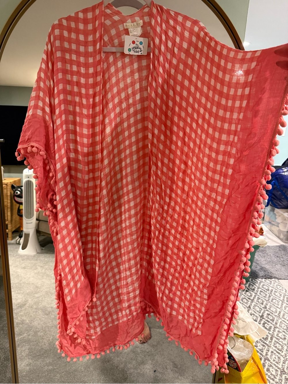 Shiraleah Coral Pink Gingham Pom-Pom Cover-Up, NWT